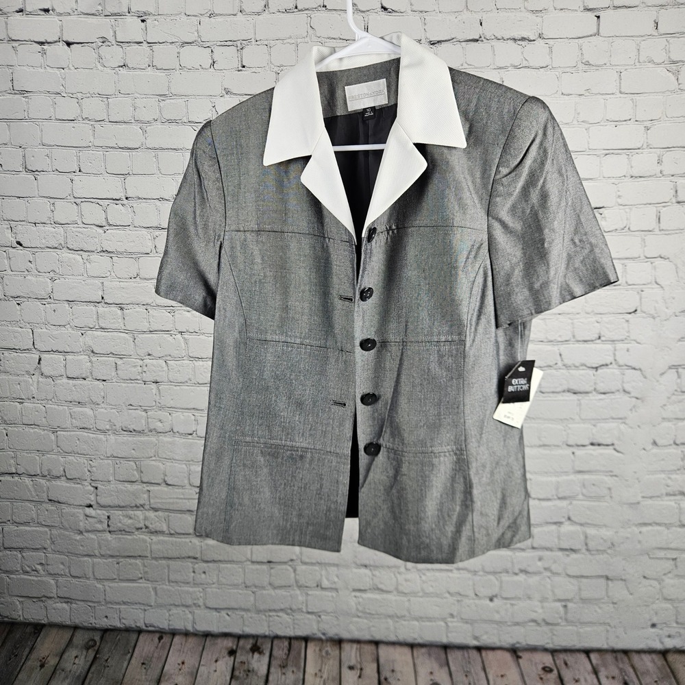 $149 Preston & York Womens Grey Short Sleeve Blazer White Collar Size 10 NWT